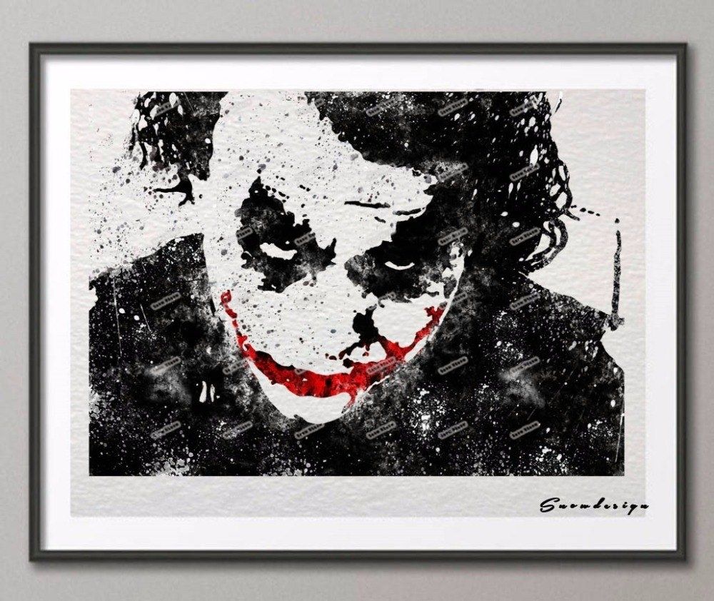 Batman Heath Ledger Joker Original Watercolor Canvas Painting Modern Within Joker Wall Art (View 20 of 20)