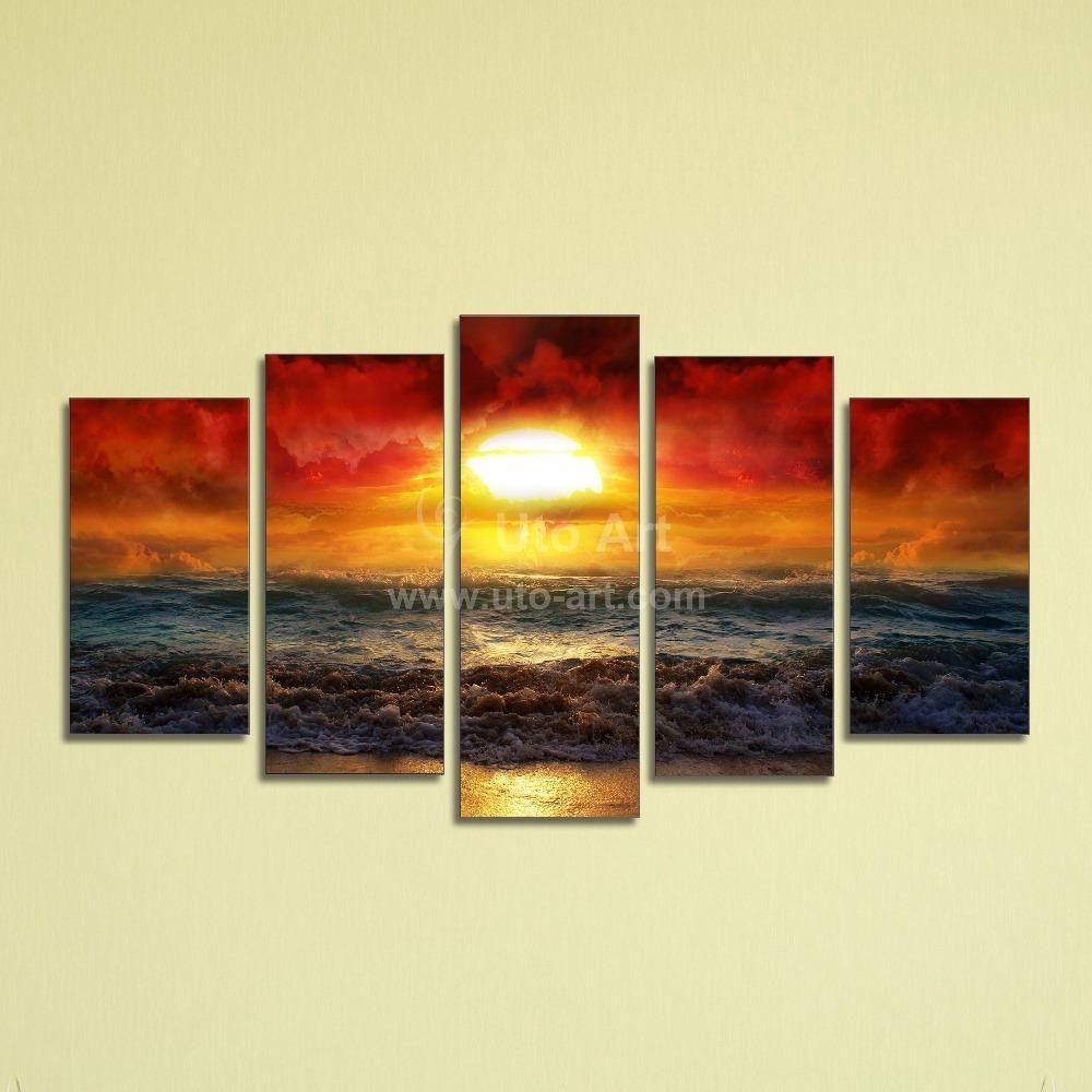 Best Cheap 5 Panel Wall Art Painting Ocean Beach Decor Canvas Prints For Panel Wall Art (View 3 of 20)