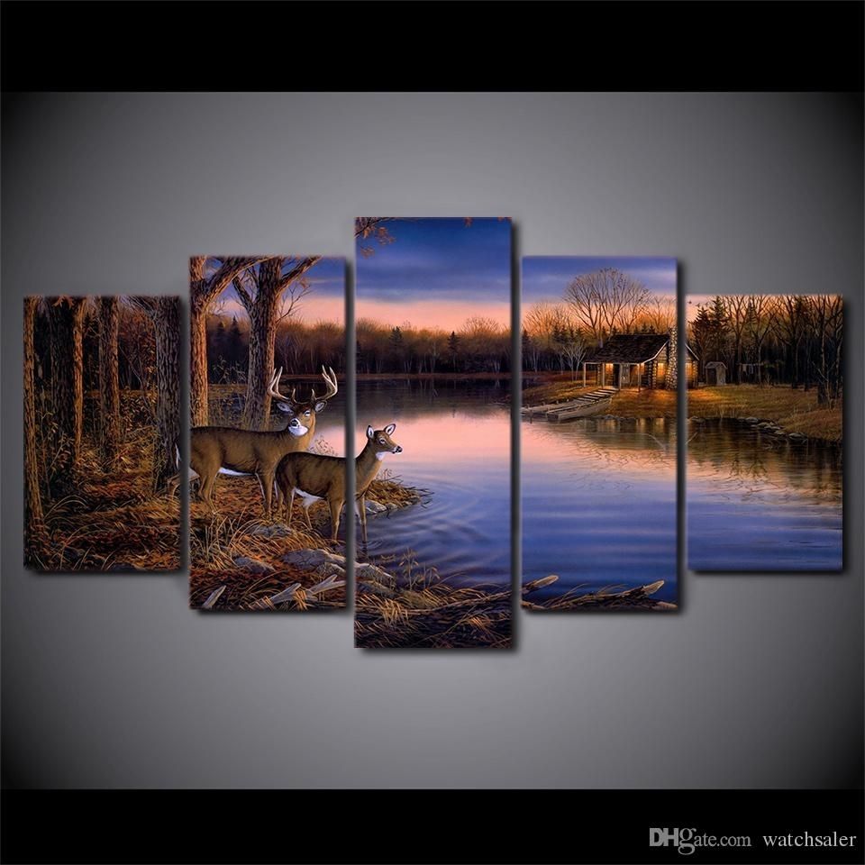 Best Hd Printed Canvas Art Deer Lake Landscape Sunset Painting In Nature Wall Art (Photo 5 of 20)