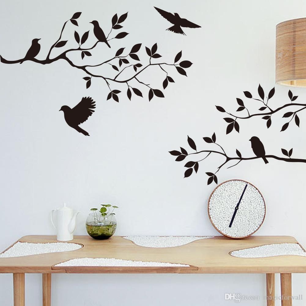 Black Bird And Tree Branch Leaves Wall Sticker Decal Removable Birds Throughout Wall Tree Art (View 7 of 20)