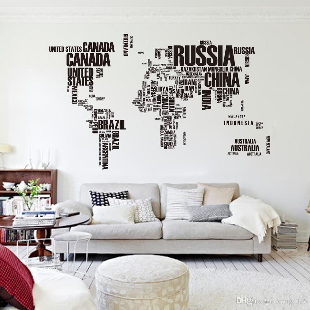 Black Letters World Map Wall Stikers Office Living Room Decoration Inside Stick On Wall Art (Photo 11 of 20)