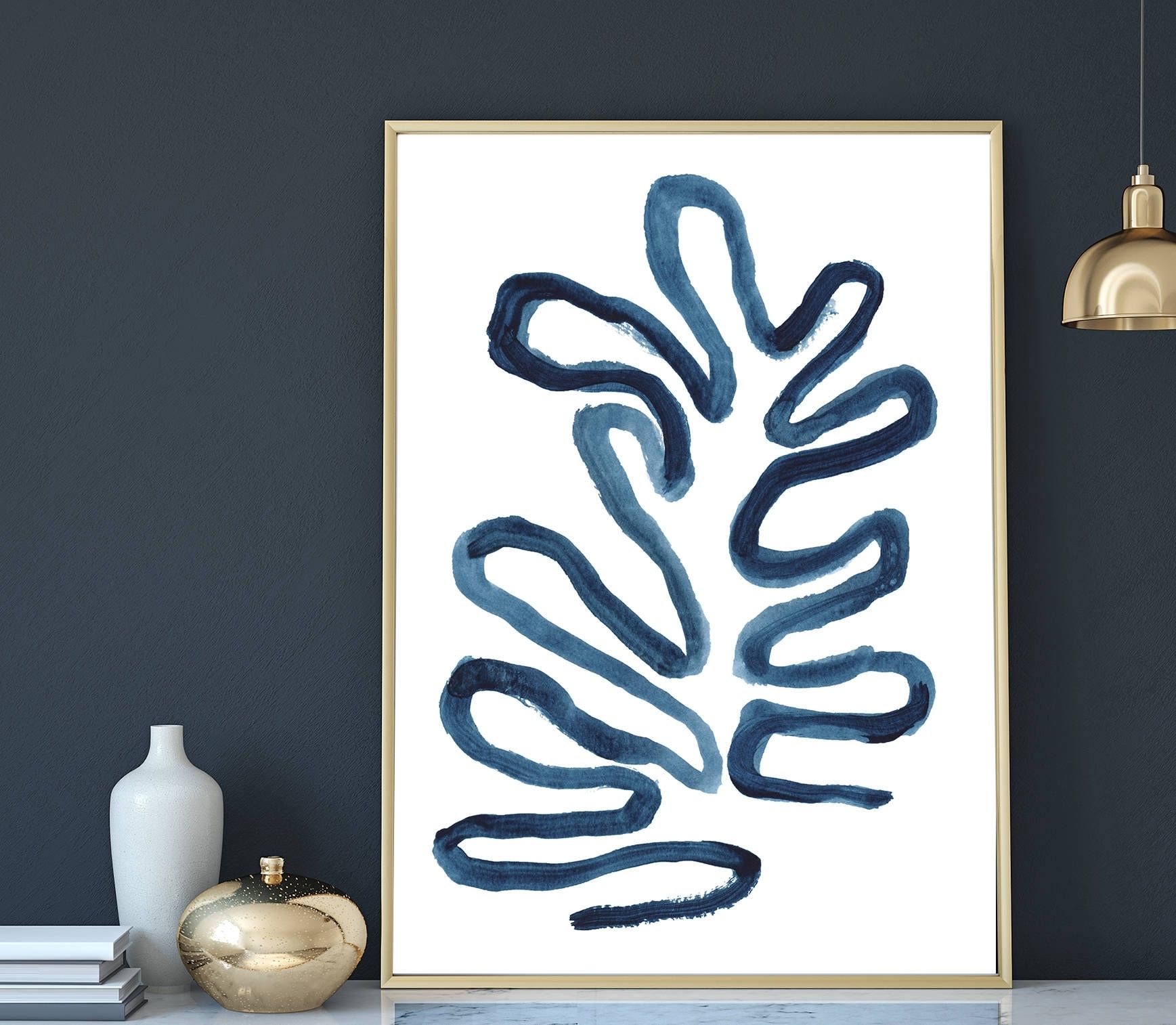 Blue Leaf Print, Blue Abstract Wall Art, Navy Blue Wall Art Inside Navy Blue Wall Art (View 11 of 20)