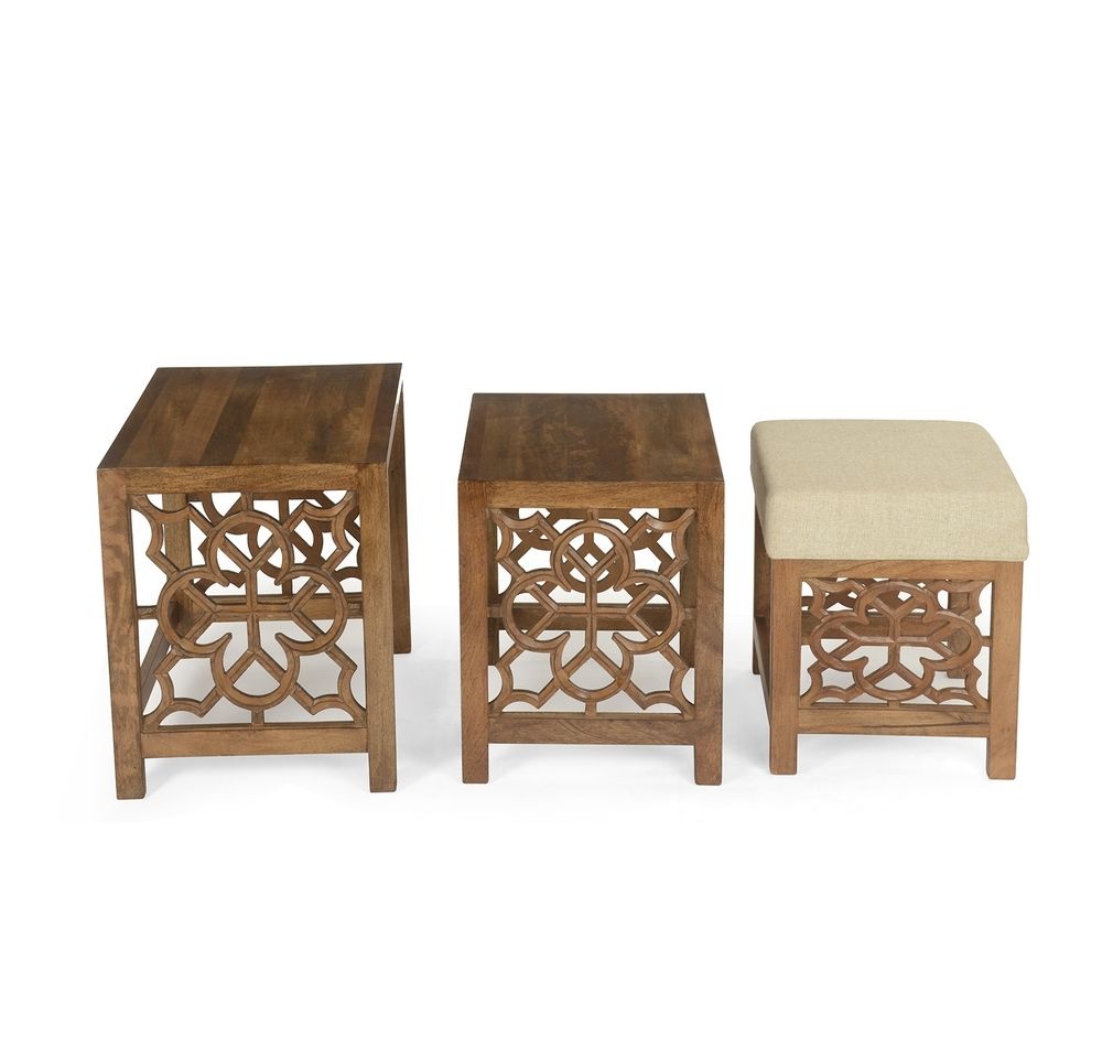 Buy Batik Nest Table Set Of 3 With Pouffe  @homenilkamal, Cherry Intended For Batik Coffee Tables (View 1 of 30)