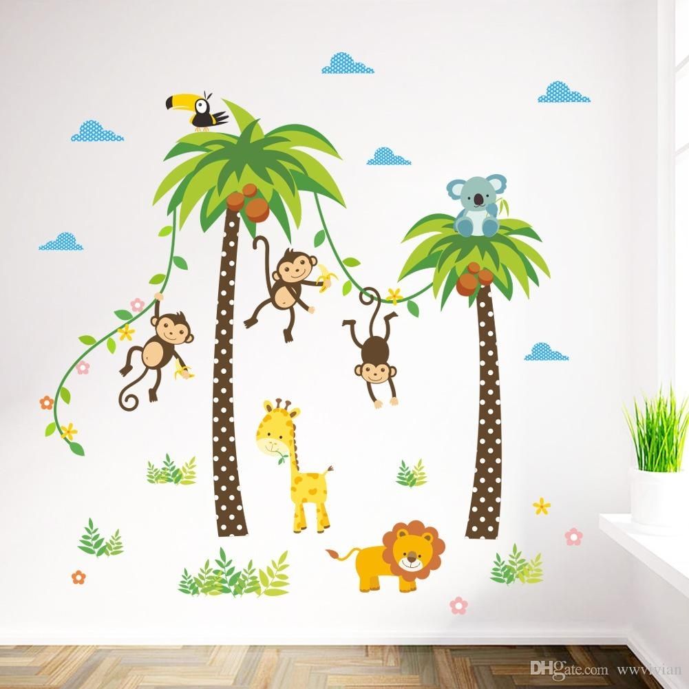 Cartoon Monkey Swing On The Coconut Tree Wall Stickers For Kids Within Baby Room Wall Art (Photo 20 of 20)