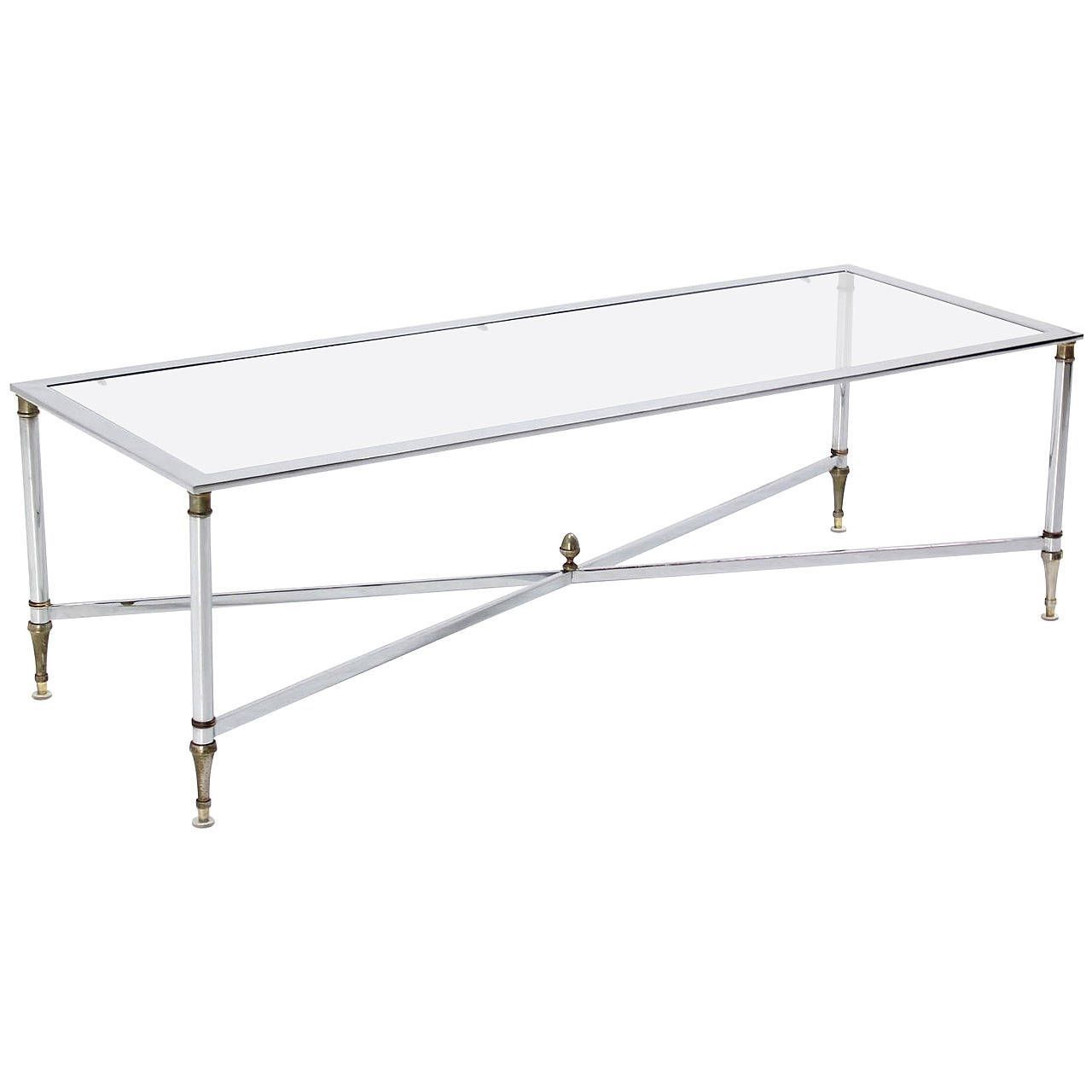 Chrome Brass X Base Glass Top Long Rectangle Coffee Table With Regard To Rectangular Brass Finish And Glass Coffee Tables (View 12 of 30)