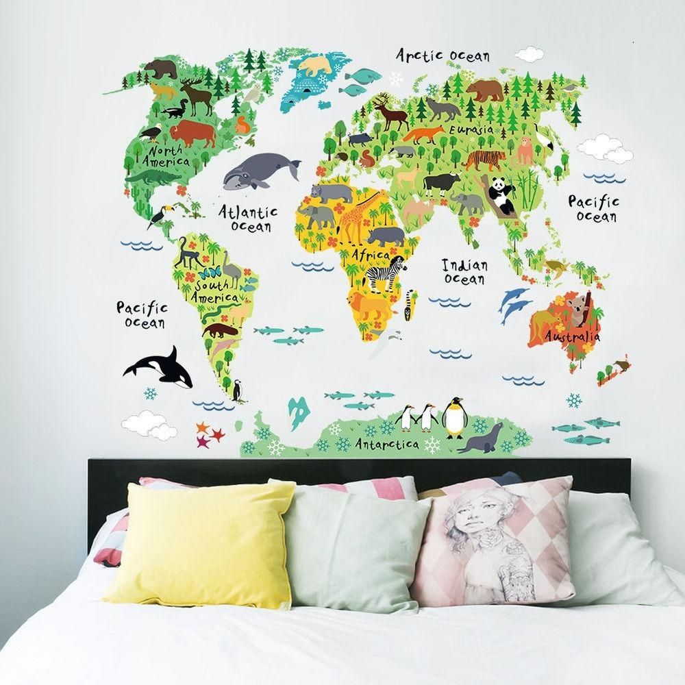 Colorful World Map Wall Sticker Decal Vinyl Art Kids Room Office Inside World Map Wall Art For Kids (View 1 of 20)