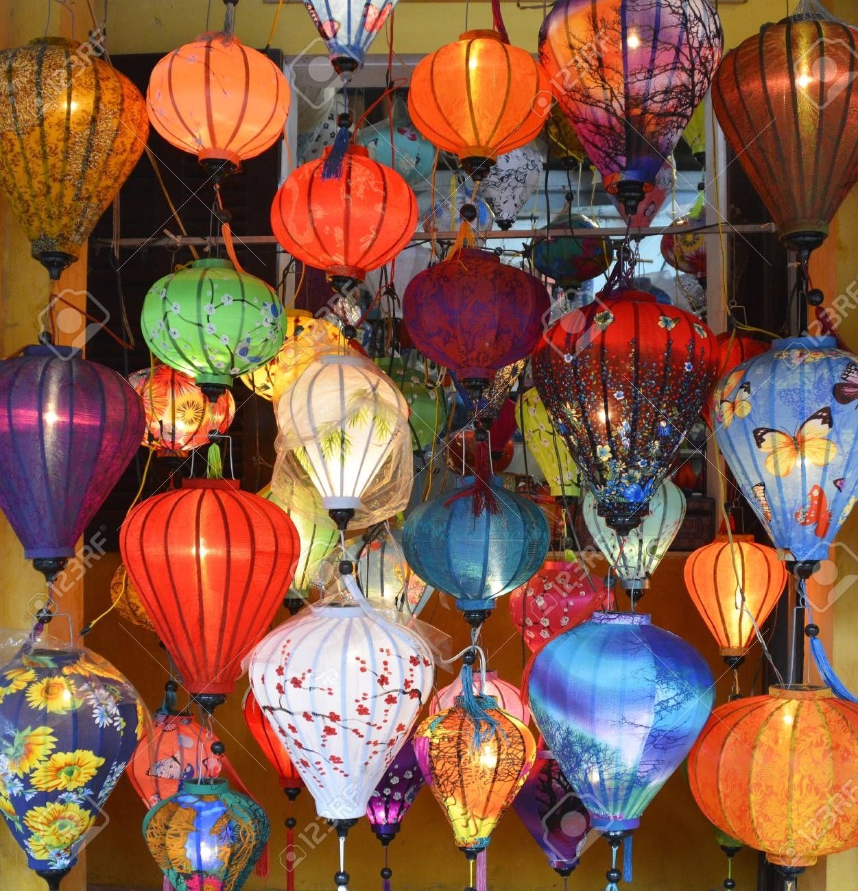 Colourful Fabric Lanterns Hang Outside A Shop In A Street In.. Stock Intended For Outdoor Vietnamese Lanterns (Photo 7 of 20)
