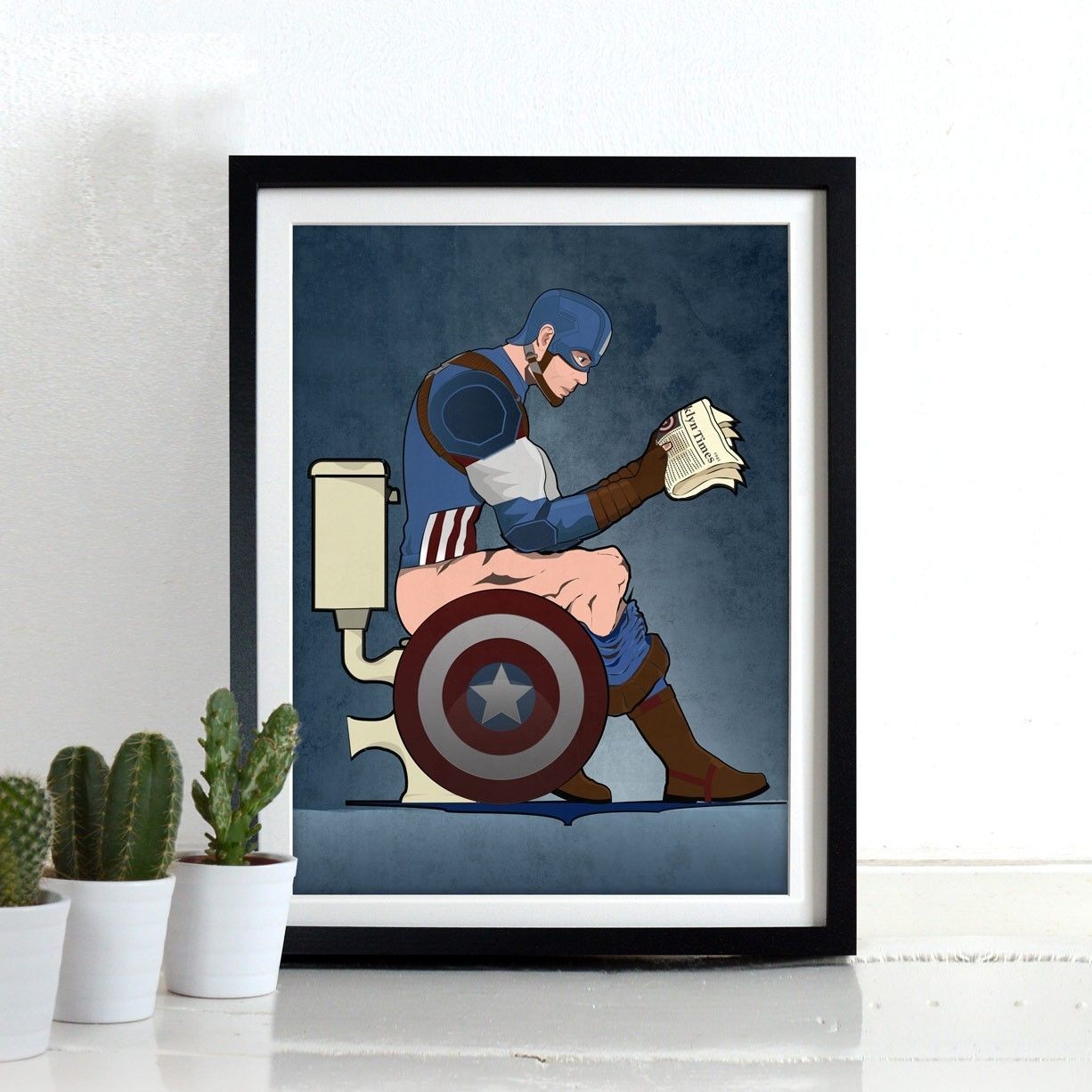 Comic Book Superhero Captain America On The Toilet Bathroom Poster With Regard To Captain America Wall Art (View 9 of 20)