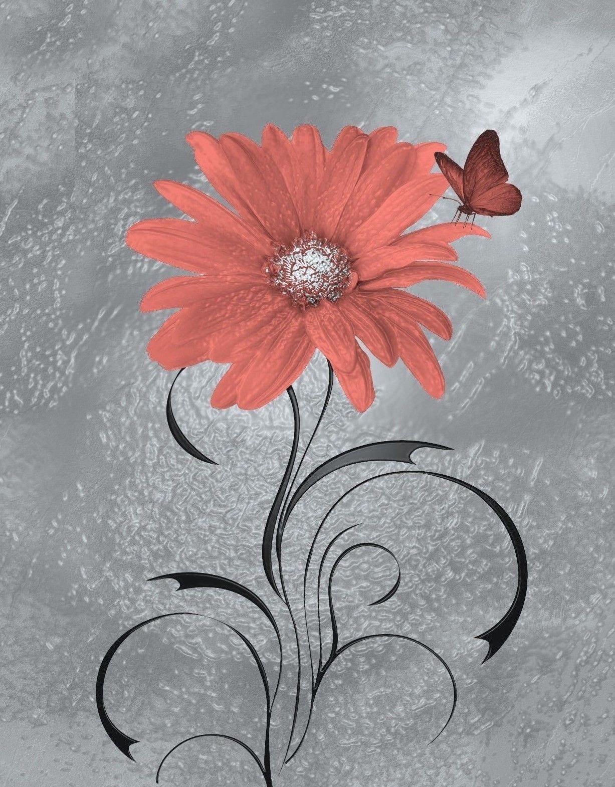 Coral Flower Wall Art Picture, Modern Coral Gray Flower Butterfly Regarding Flower Wall Art (View 19 of 20)