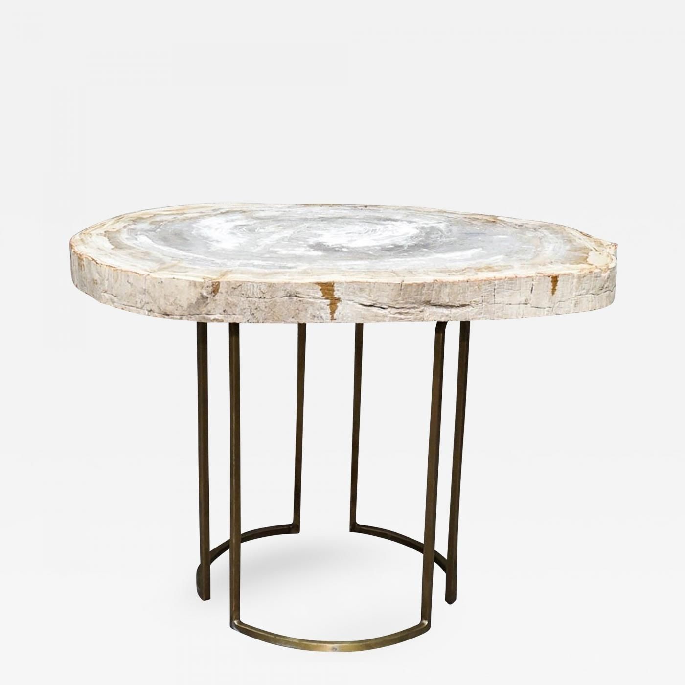 Custom Petrified Wood Slab Accent Table With Brass Base Intended For Slab Large Marble Coffee Tables With Brass Base (View 4 of 30)