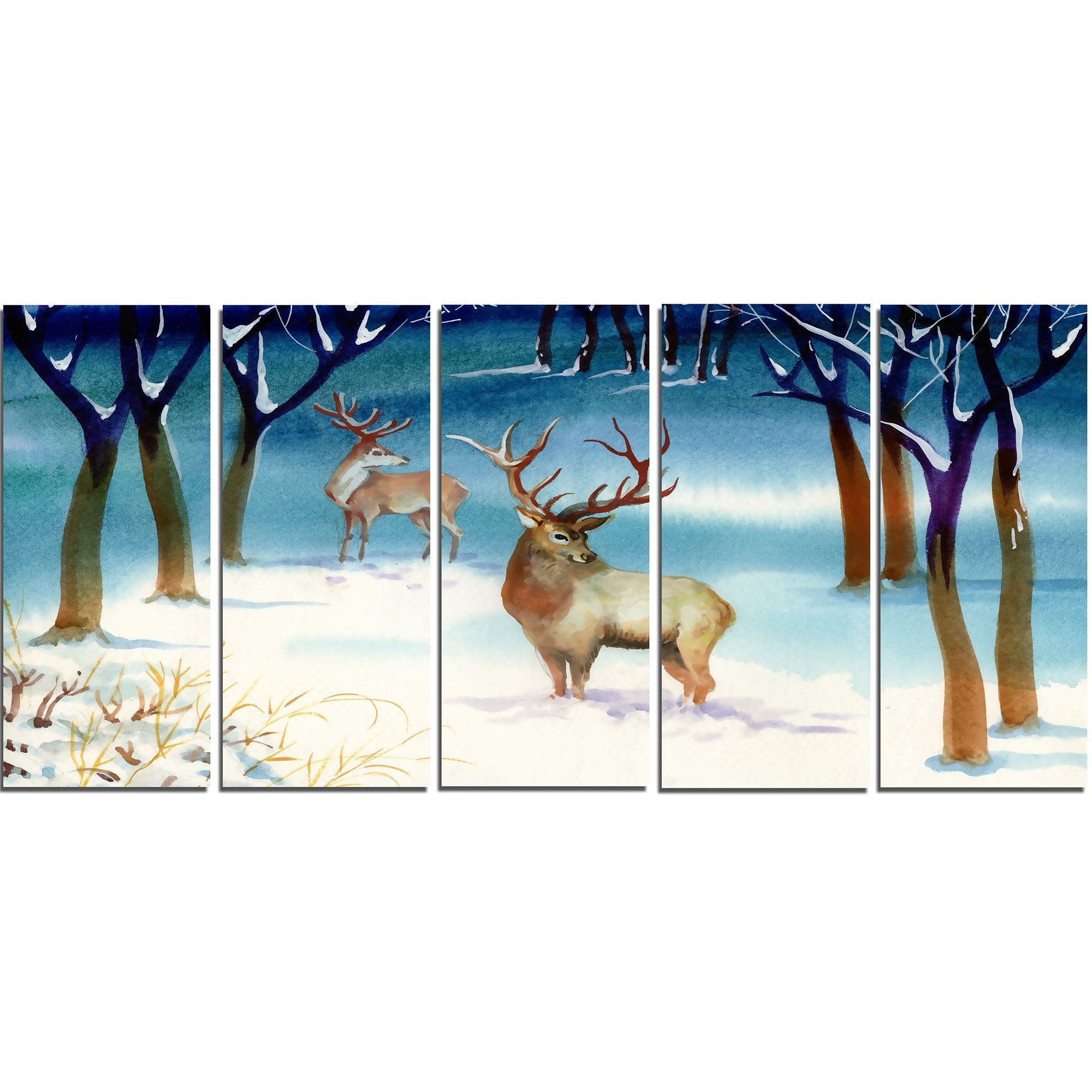 Designart Amazing Winter Forest With Deer 5 Piece Wall Art On With Deer Canvas Wall Art (View 20 of 20)