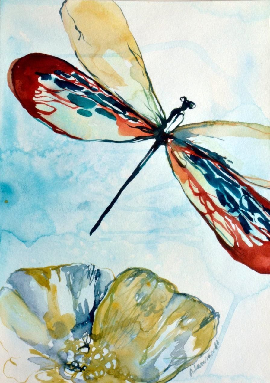 Dragonfly Watercolor Original Painting. Contemporary Water Colour Regarding Dragonfly Painting Wall Art (Photo 6 of 20)