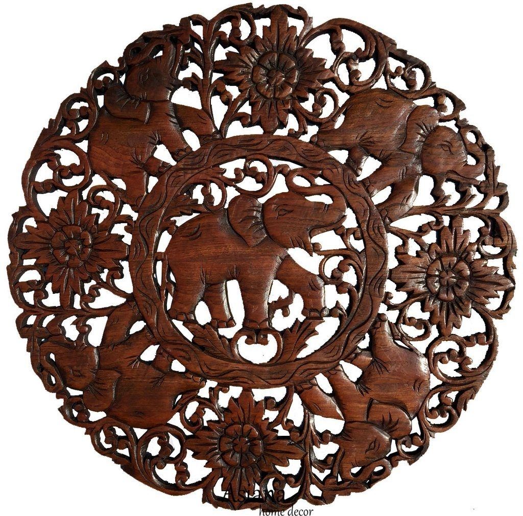 Elephants Round Carved Wood Wall Decor Living Room Relief Plaque Within Round Wood Wall Art (Photo 16 of 20)