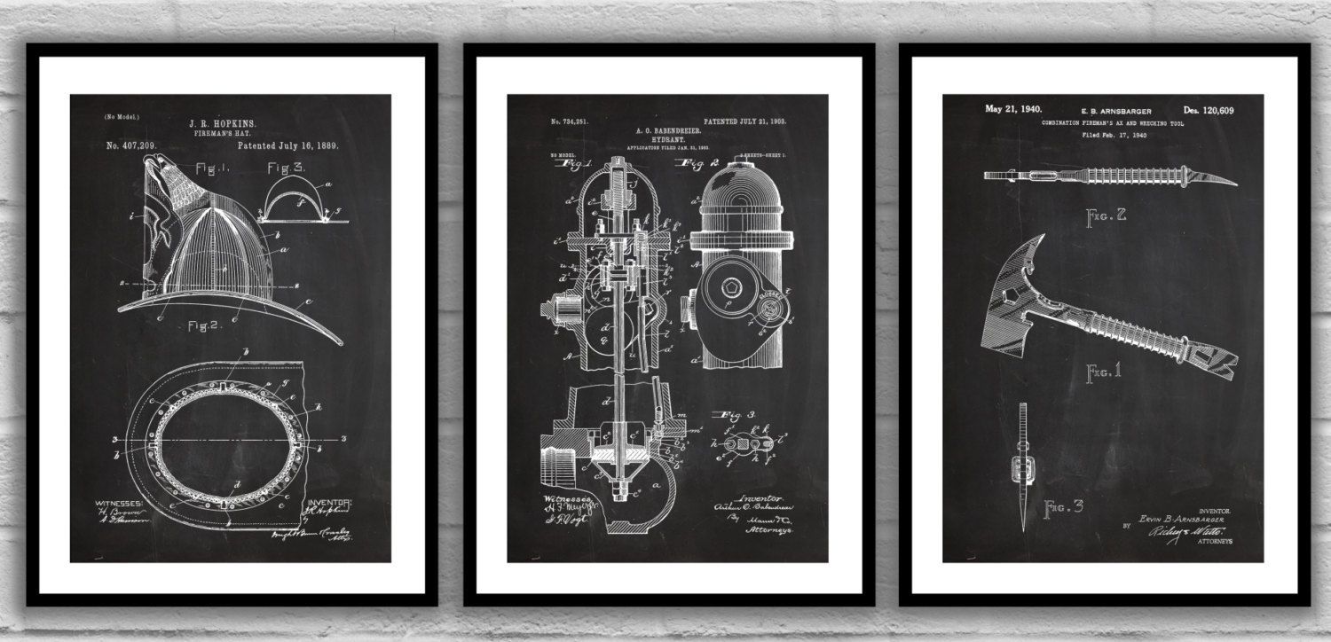 Firefighter Patent Set Of 3, Firefighter Poster, Firefighter Art Pertaining To Firefighter Wall Art (View 13 of 20)