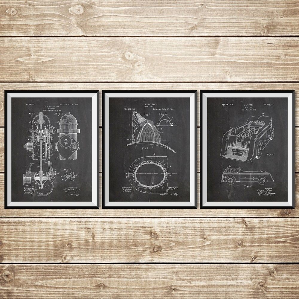 Fireman Patent Posters Group Of 3, Fire Truck Wall Art, Firefighter Intended For Firefighter Wall Art (View 20 of 20)