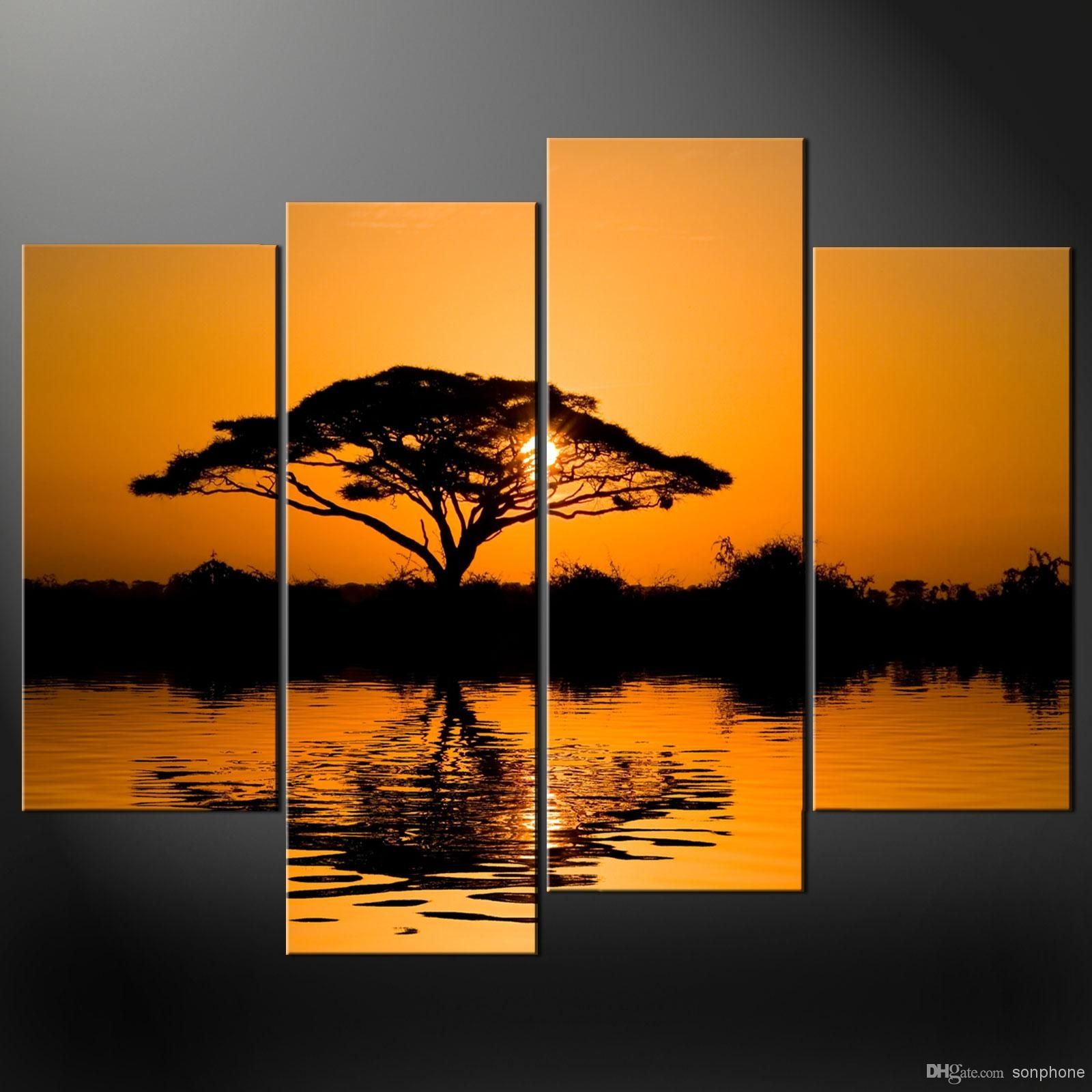Framed 4 Panel Large African Wall Art Decor Modern Sunset Oil Pertaining To Large Framed Canvas Wall Art (View 20 of 20)