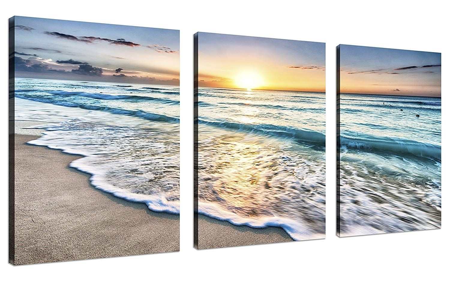 Framed Beach Canvas Wall Art Sunset Sand Ocean 3 Panel Home Picture Within Beach Wall Art (View 15 of 20)