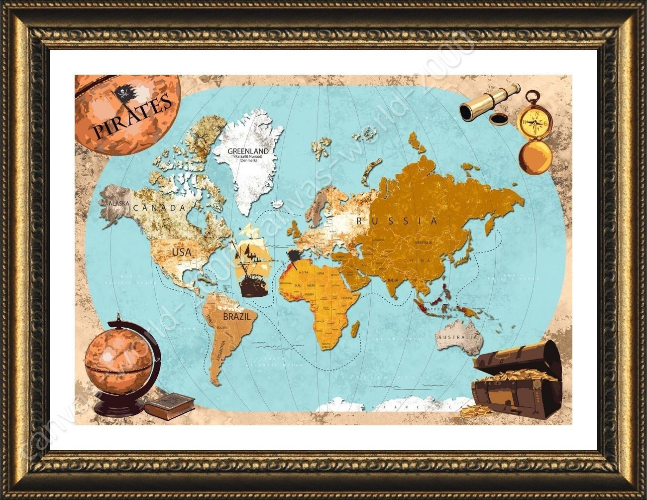 Framed Poster Pirates Old Vintage World Map Wall Art Pictures Framed Intended For World Map Wall Art Framed (View 10 of 20)