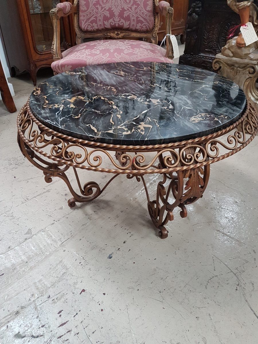 French Art Deco Portoro Marble Top Wrought Iron Coffee Table For Antiqued Art Deco Coffee Tables (View 29 of 30)