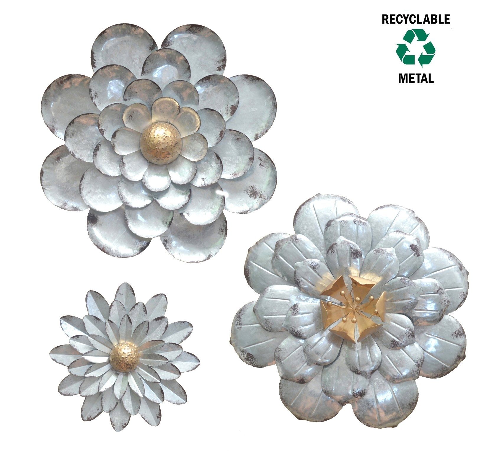 Galvanized Flowers Wall Décor Set Of 3 Metal Flower Wall Art By With Regard To Metal Flower Wall Art (Photo 1 of 20)