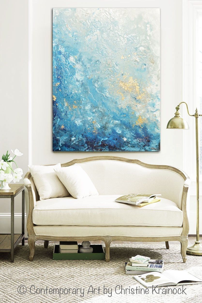 Giclee Print Large Art Abstract Painting Blue White Wall Art Home In Large Coastal Wall Art (Photo 1 of 20)