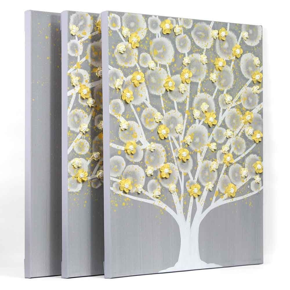 Gray And Yellow Wall Art Tree On Canvas Triptych – Large | Amborela Within Yellow Wall Art (View 3 of 20)