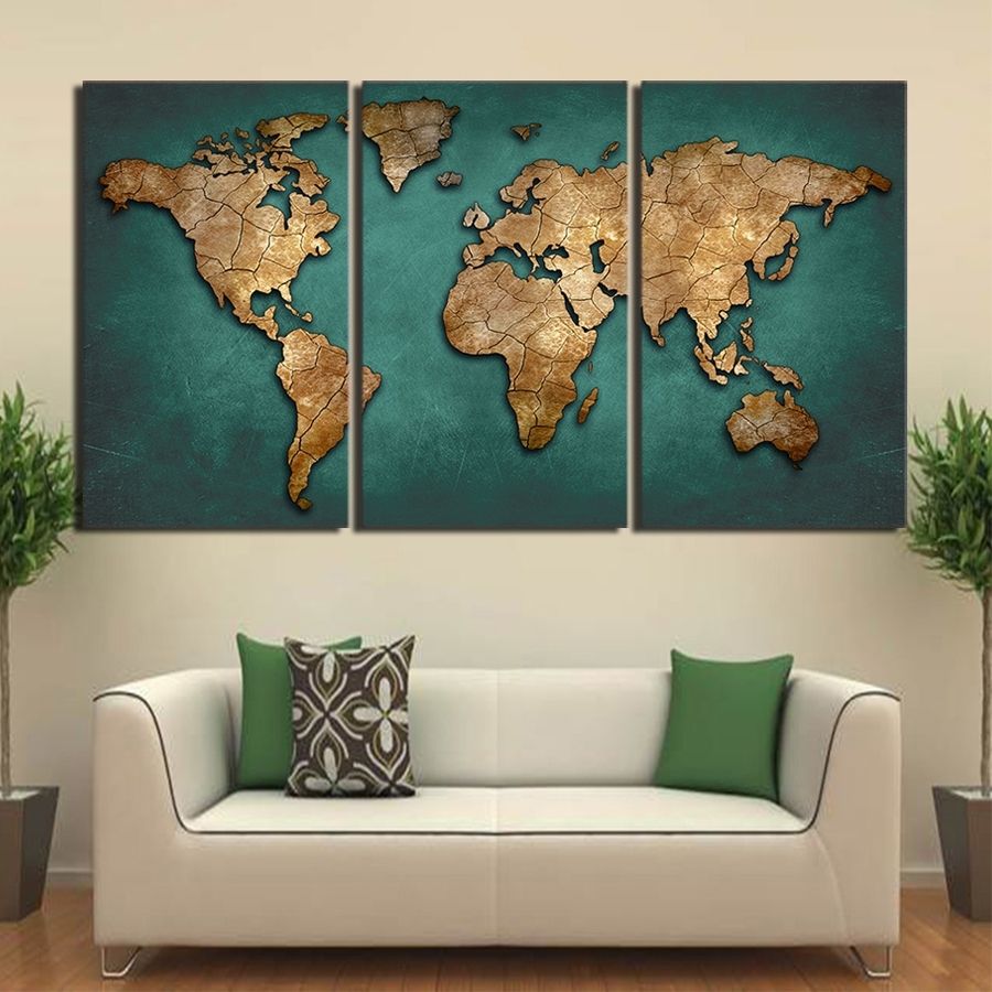 Hd Printed 3 Piece Canvas Art World Map Canvas Painting Vintage With World Map Wall Art (View 5 of 20)