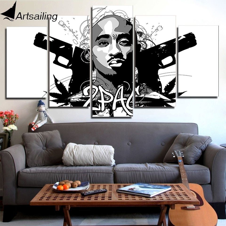 Hd Printed 5 Piece Canvas Art Rap 2pac Hip Hop Rapper Wall Pictures With Hip Hop Wall Art (View 10 of 20)