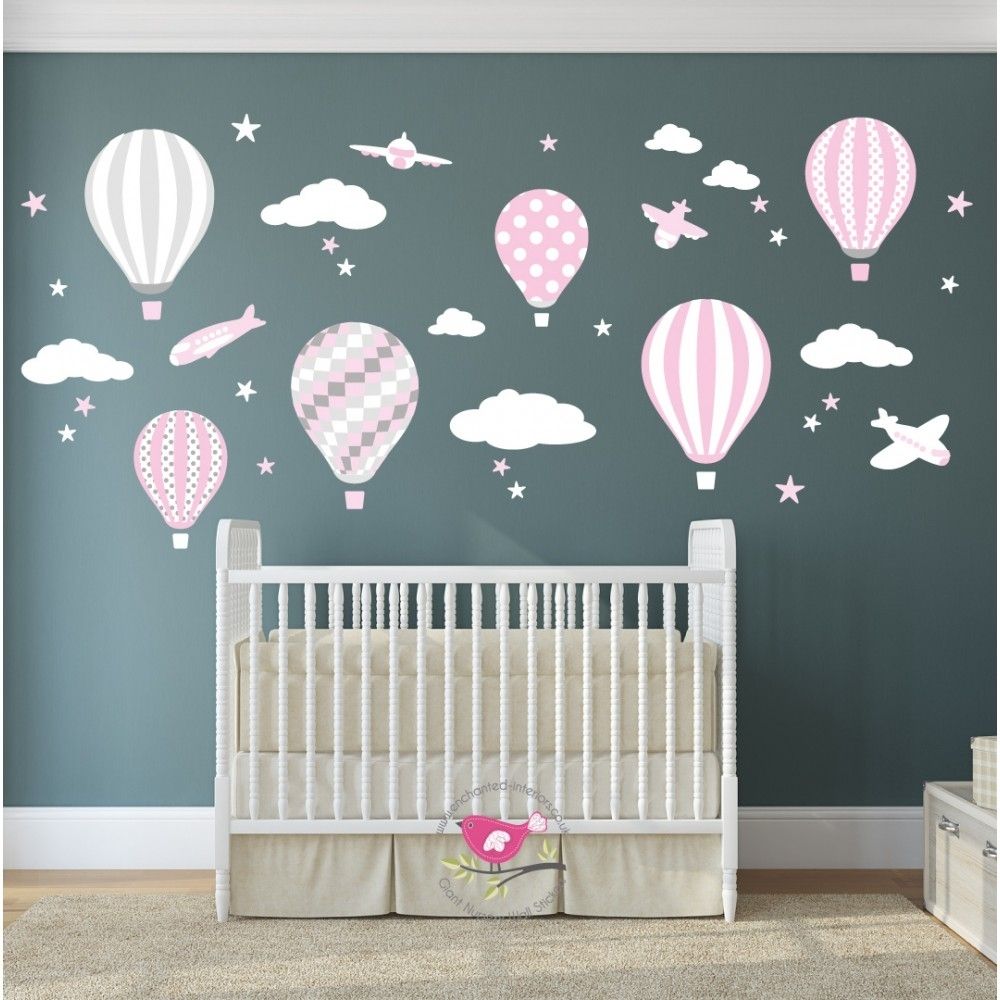 Hot Air Balloon Jets Nursery Wall Stickers Baby Pink Grey White For Baby Wall Art (Photo 5 of 20)