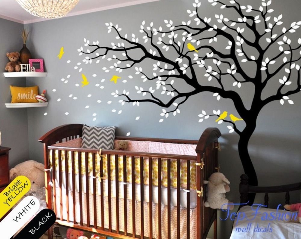 Huge White Tree Wall Decal Nursery Tree And Birds Wall Art Baby Kids Pertaining To Tree Wall Art (View 18 of 20)