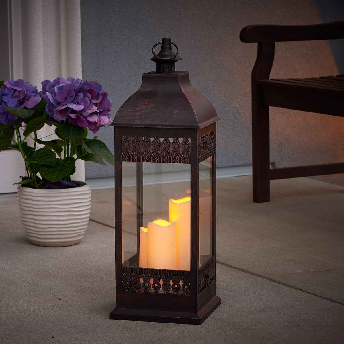 Lantern With Pillar Triple Led Candles Patio Garden Outdoor Ambient Within Outdoor Lanterns With Led Candles 