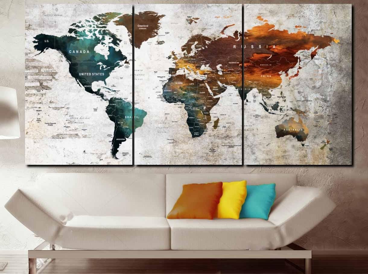 Large 3 Panel World Map Push Pin Wall Art,world Map Canvas Art,world Pertaining To Wall Art World Map (Photo 19 of 20)