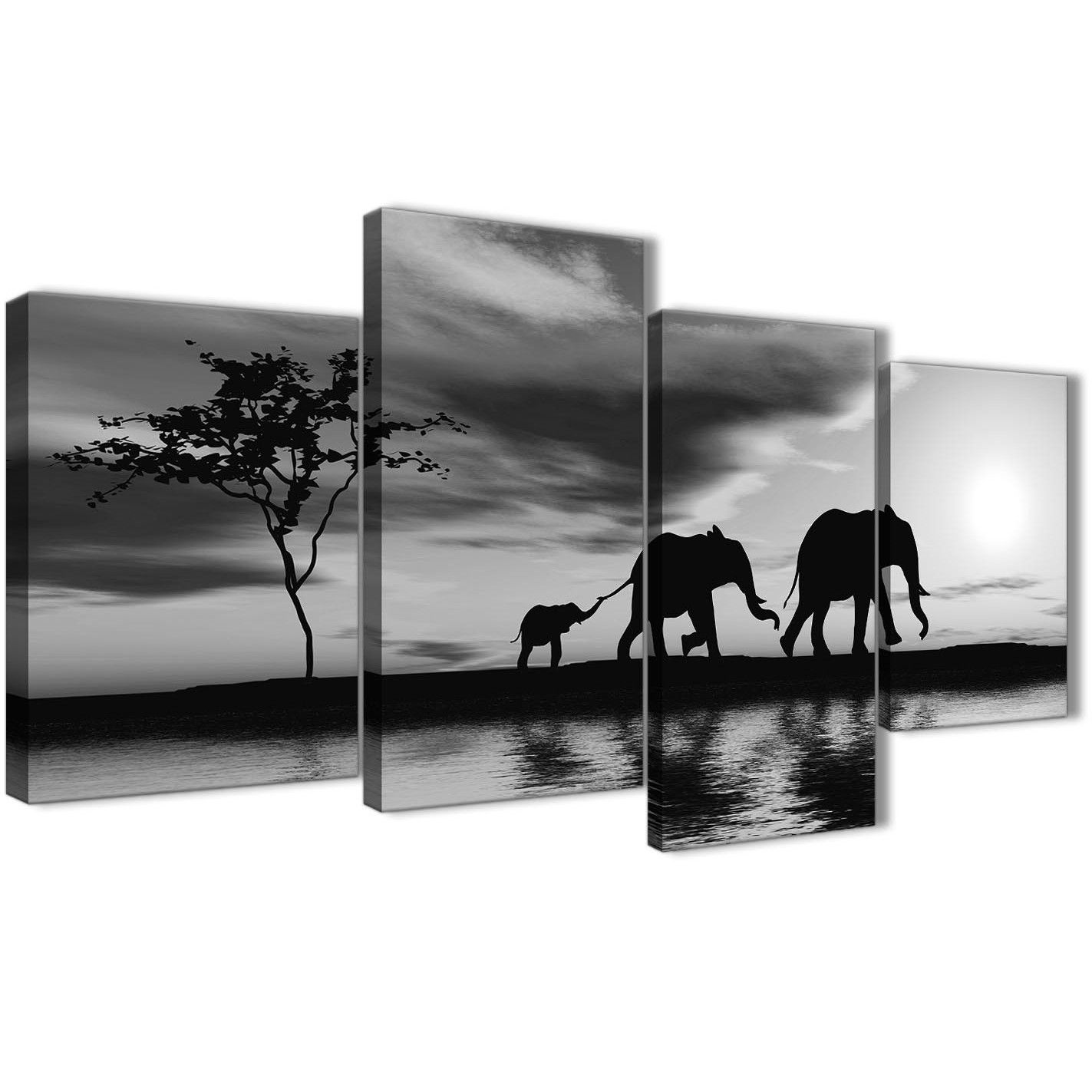 Large Black White African Sunset Elephants Canvas Wall Art Print Regarding Black And White Large Canvas Wall Art (View 20 of 20)