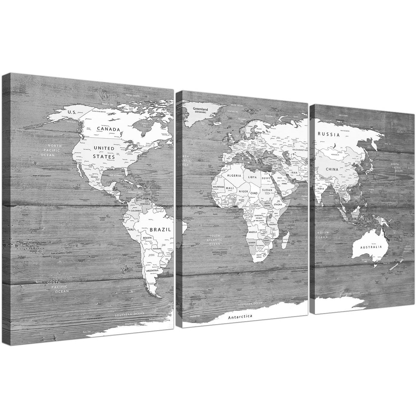 Large Black White Map Of World Atlas – Canvas Wall Art Print – Split Throughout White Wall Art (View 2 of 20)
