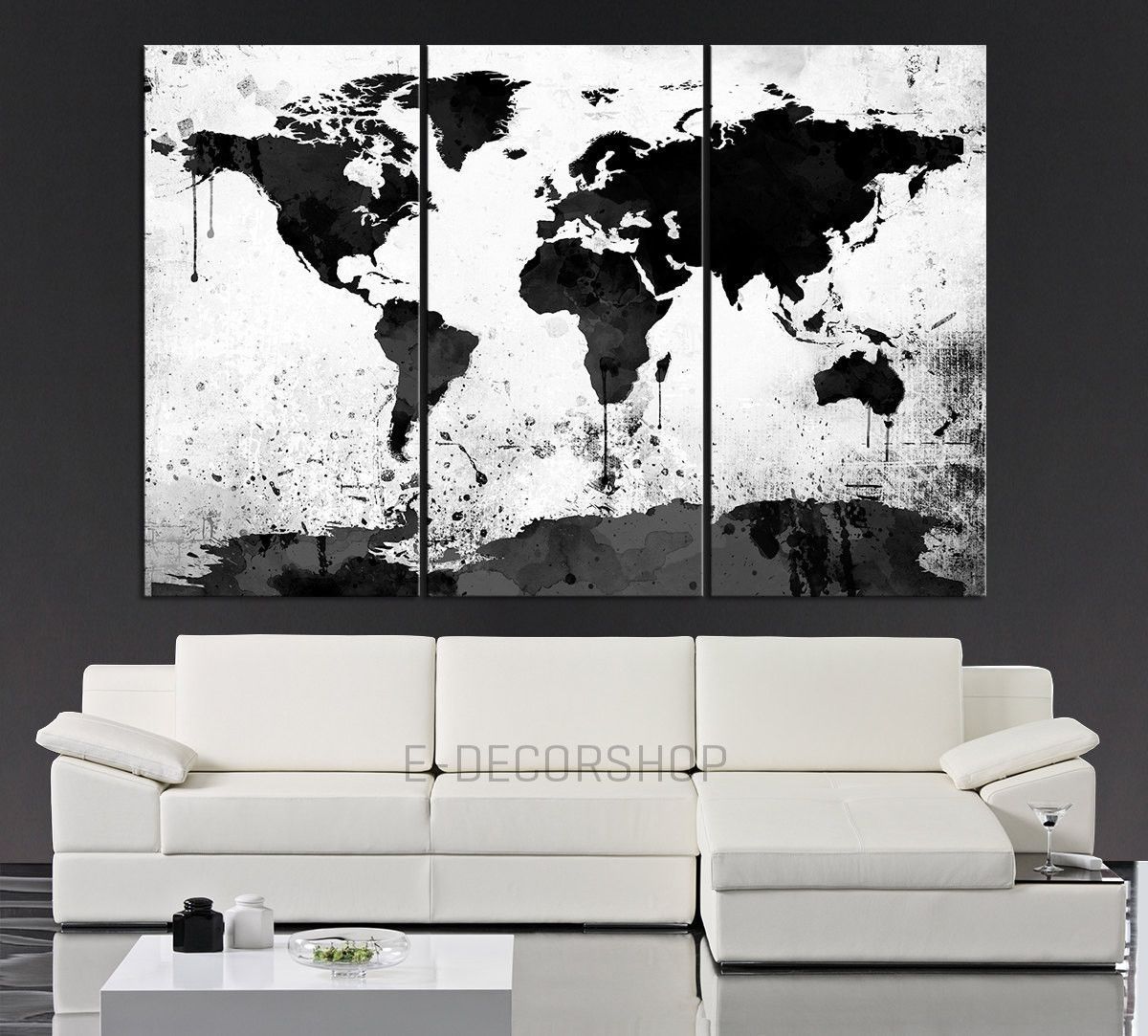 Large Black White World Map Canvas Print – 3 Piece Watercolor Splash In Black And White Large Canvas Wall Art (Photo 1 of 20)