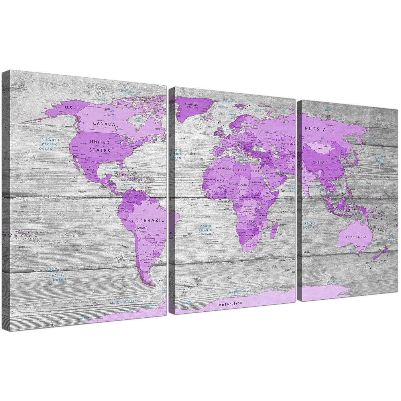 Large Purple And Grey Map Of World Atlas Canvas Wall Art Print In Purple And Grey Wall Art (View 4 of 20)