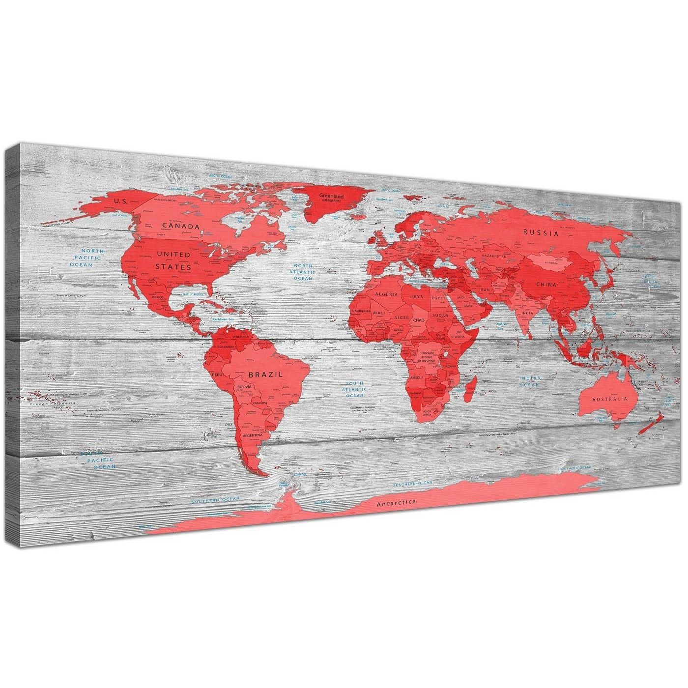 Large Red Grey Map Of The World Atlas Canvas Wall Art Print Modern Inside Red Wall Art (Photo 1 of 20)