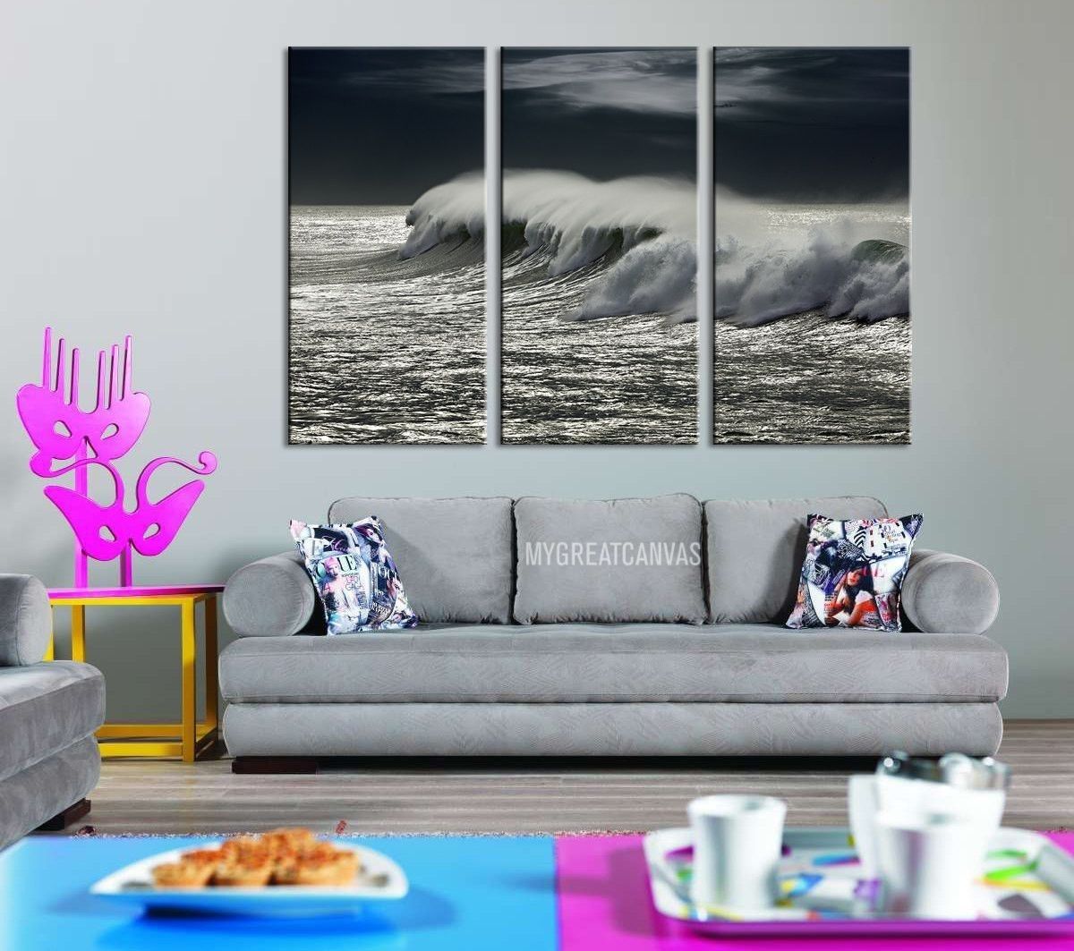 Large Wall Art Giclee 3 Panel Canvas Print – Black And White Ocean Intended For Black And White Large Canvas Wall Art (Photo 16 of 20)