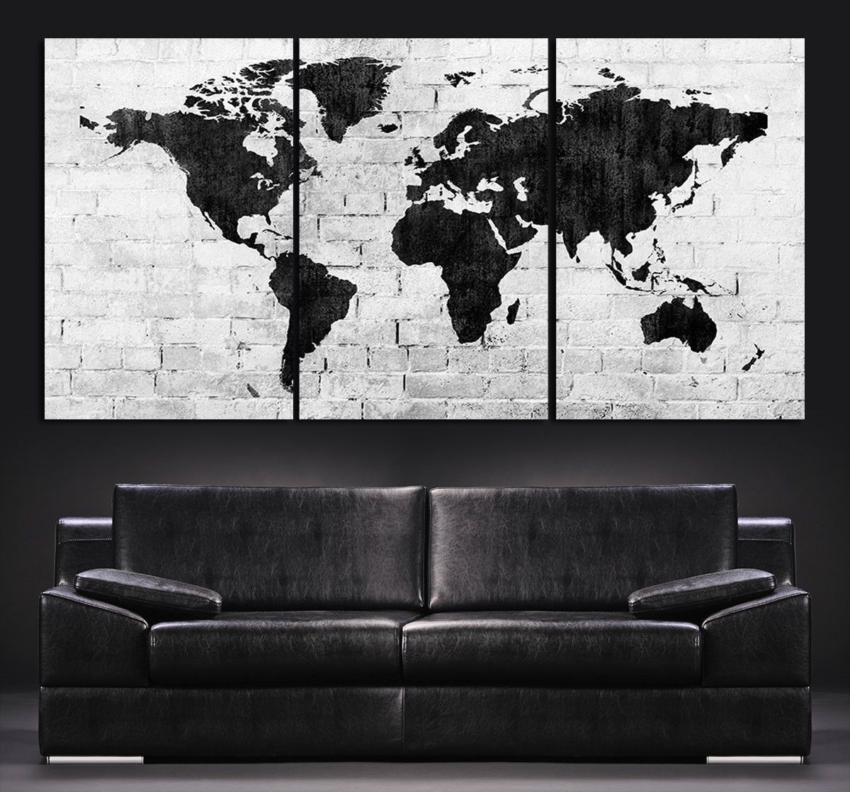 Large Wall Art World Map Canvas Print – Contemporary 3 Panel Intended For Black And White Large Canvas Wall Art (View 10 of 20)