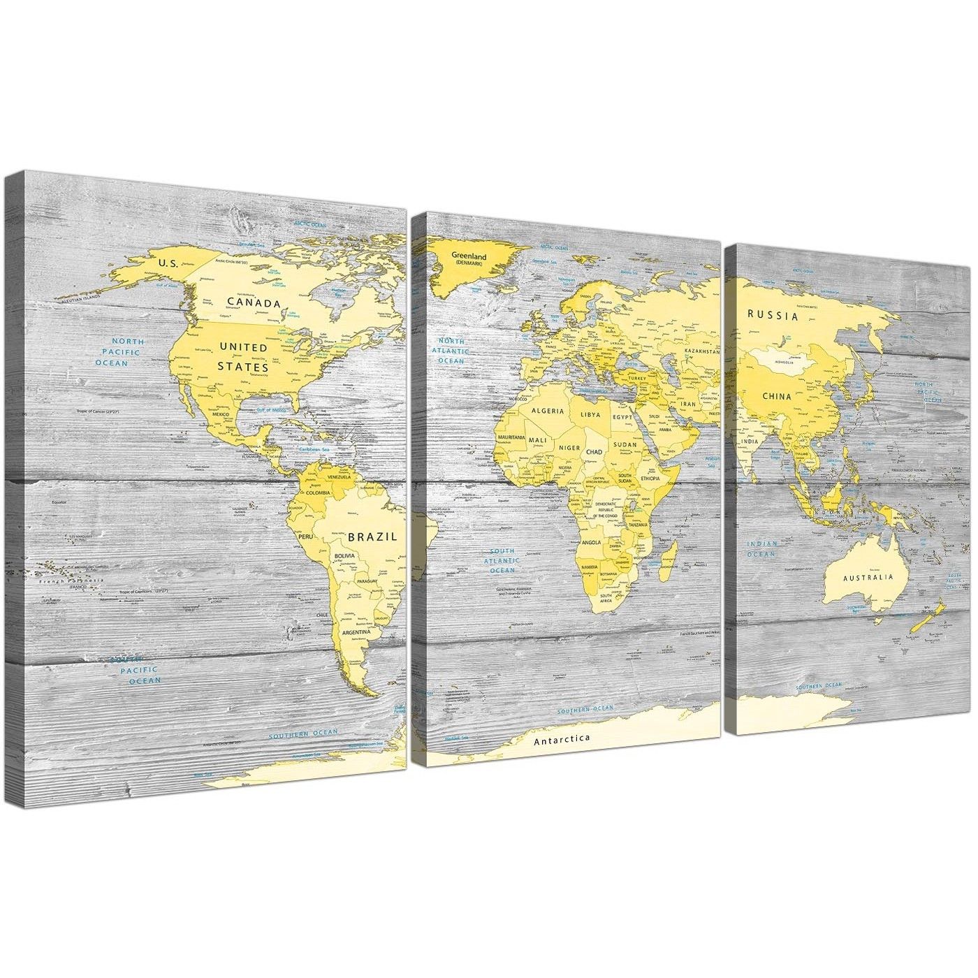 Large Yellow Grey Map Of World Atlas Canvas Wall Art Print Pertaining To Grey Wall Art (Photo 2 of 20)