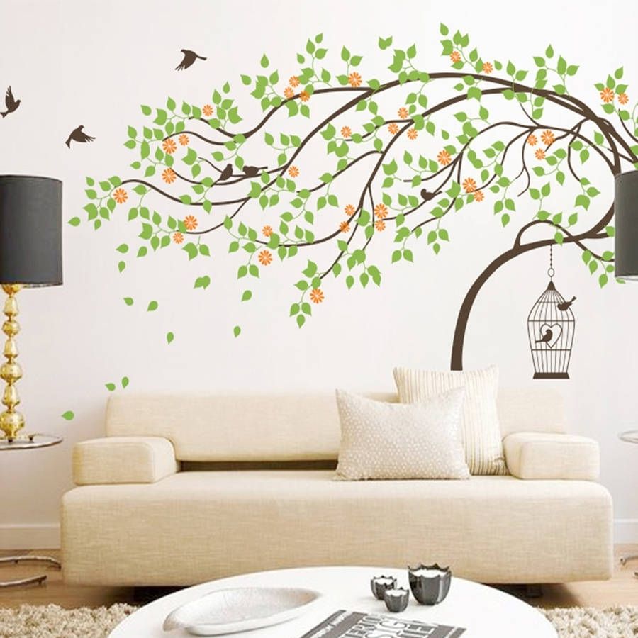 Leaning Tree With Birds And Birdcage Wall Stickerwall Art Regarding Wall Sticker Art (View 20 of 20)