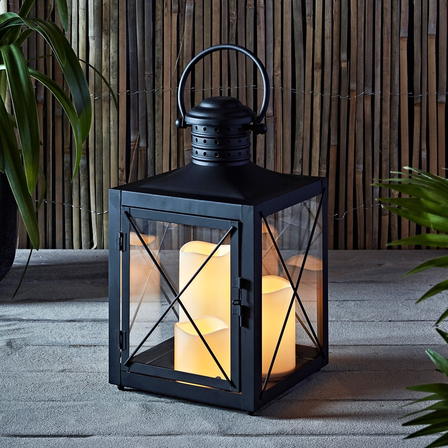Lights4fun, Inc.: Square Black Battery Operated Lantern With 3 With Outdoor Lanterns With Battery Operated Candles (Photo 8 of 20)
