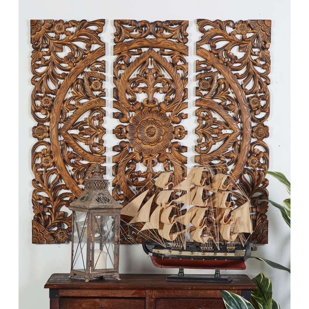 Litton Lane 36 In. X 12 In. "carved Botanical Medallion" Framed In Wood Medallion Wall Art (Photo 6 of 20)
