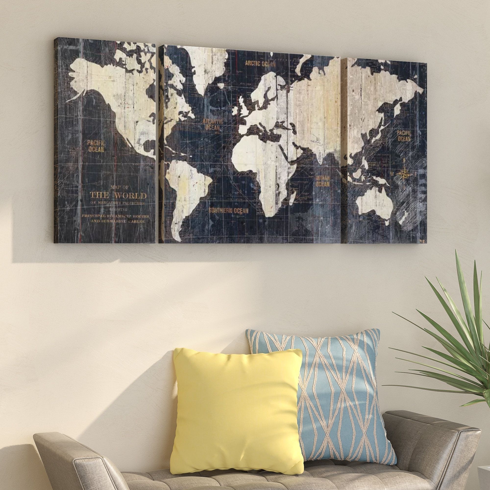 Mercury Row 'old World Map Blue' 3 Piece Graphic Art Print Set On Intended For Map Wall Art Prints (Photo 13 of 20)