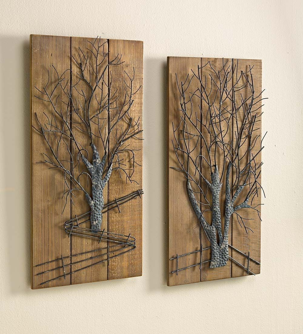 Metal Tree On Wooden Wall Art, Set Of 2 | Rustic Set Of Wooden In Rustic Metal Wall Art (View 6 of 20)