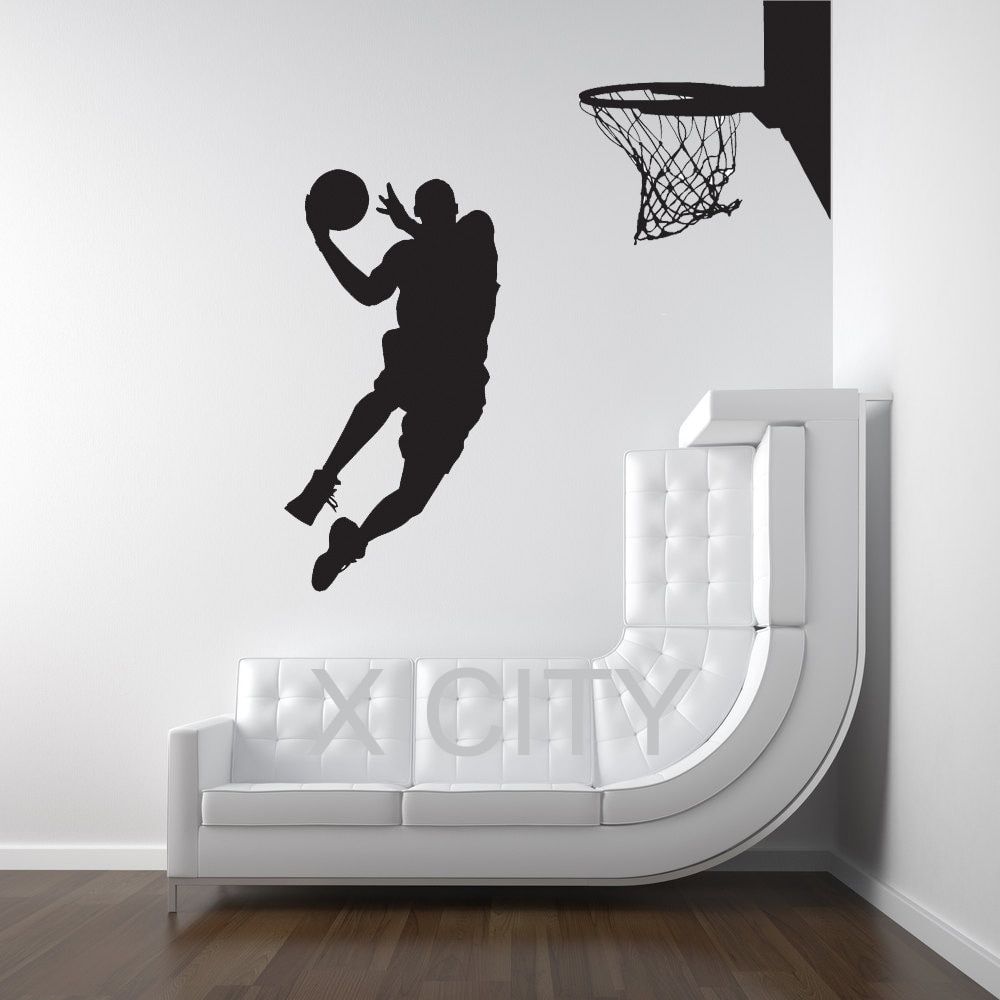 Michael Jordan Basketball Player Dunk Ball Dorm Decor Silhouette In Basketball Wall Art (Photo 3 of 20)