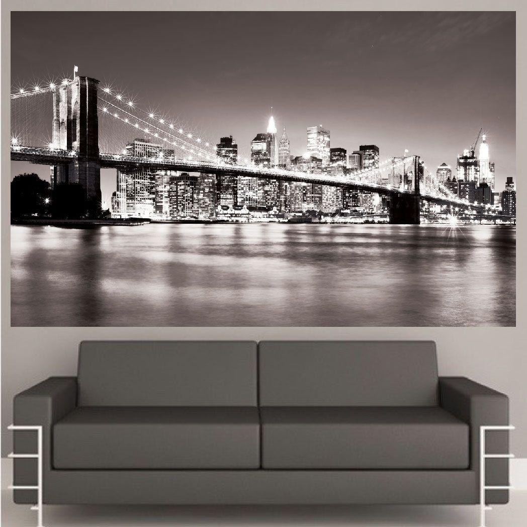 Mural New York City Wall Art Decal Nyc Cityscape Bridge Lighted Grey Inside New York Wall Art (View 4 of 20)
