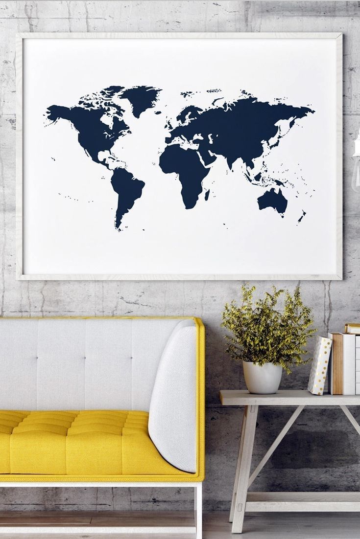 Navy Blue World Map Navy Blue | Navy World Map | Navy Blue Wall Art With Regard To Navy Blue Wall Art (View 3 of 20)