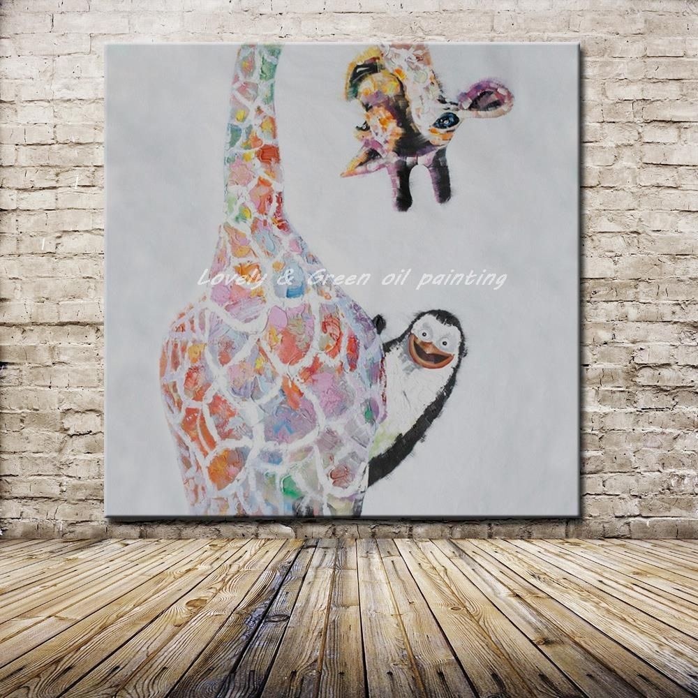 No Framed Handpainted Large Modern Cartoon Colorful Naughty Animal With Giraffe Canvas Wall Art (View 2 of 20)