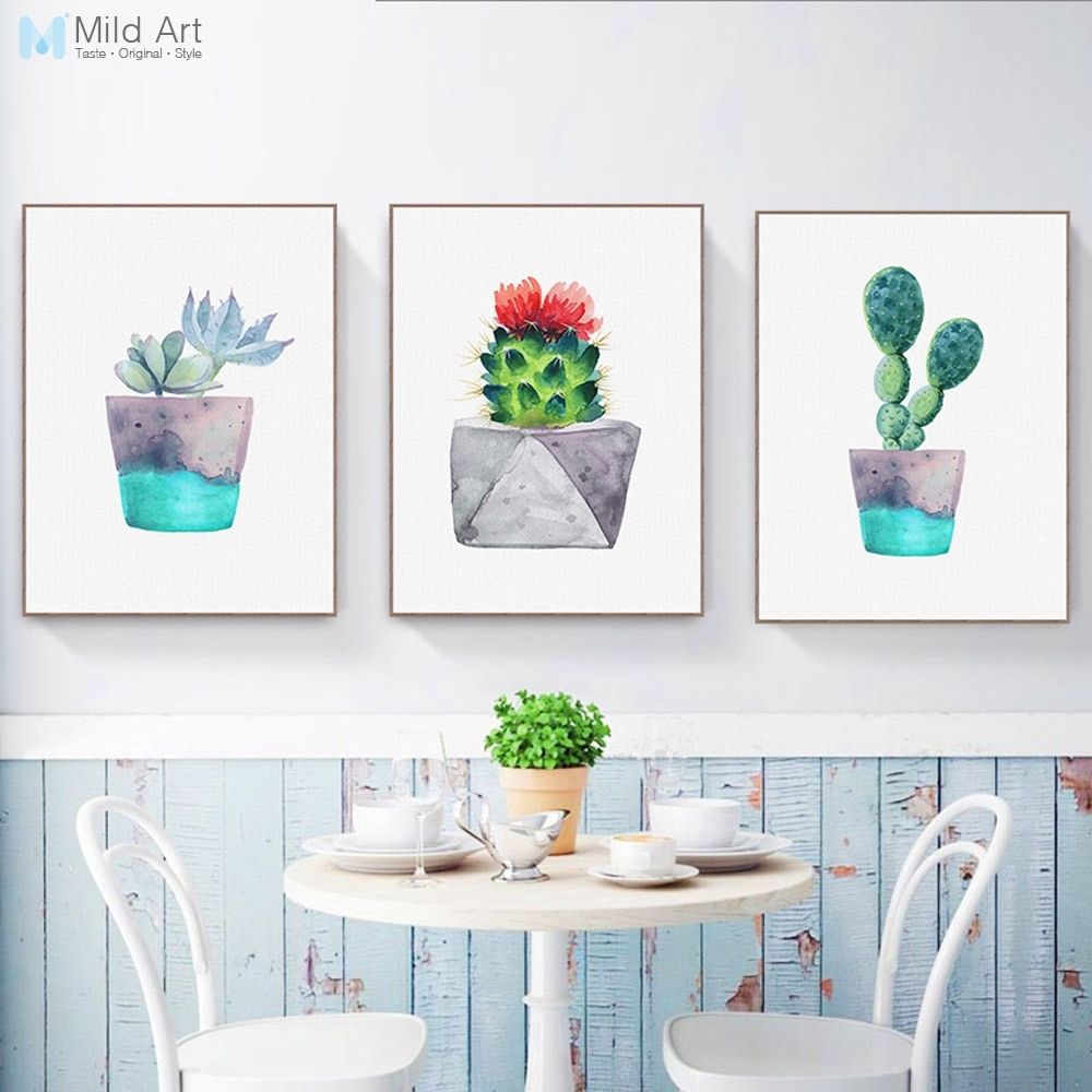 Nordic Watercolor Green Plant Cactus Poster Succulent A4 Modern Wall Intended For Cactus Wall Art (View 20 of 20)